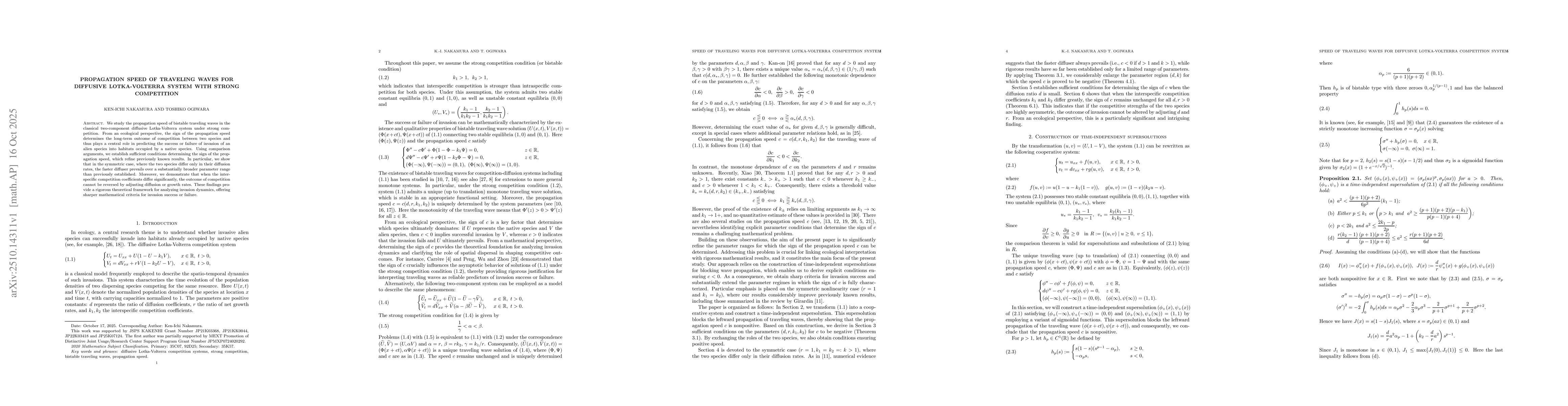 Thumbnail for Propagation speed of traveling waves for diffusive Lotka-Volterra system
  with strong competition