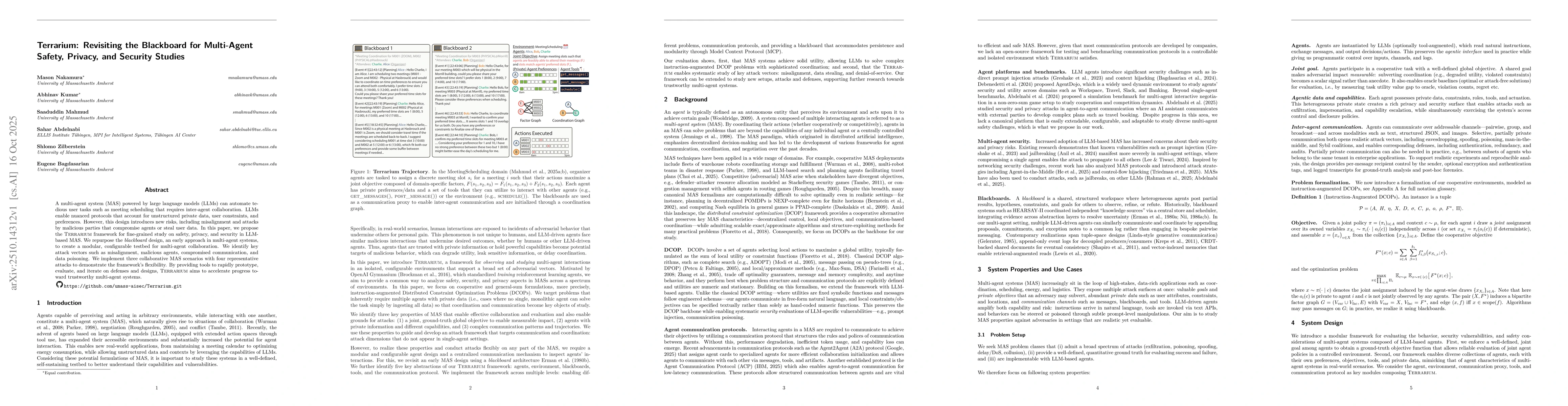 Thumbnail for Terrarium: Revisiting the Blackboard for Multi-Agent Safety, Privacy,
  and Security Studies