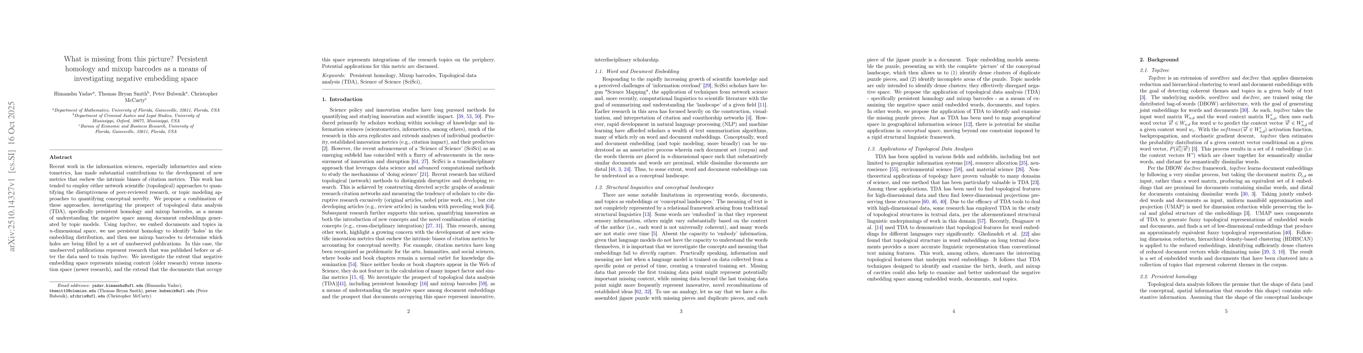 Thumbnail for What is missing from this picture? Persistent homology and mixup
  barcodes as a means of investigating negative embedding space