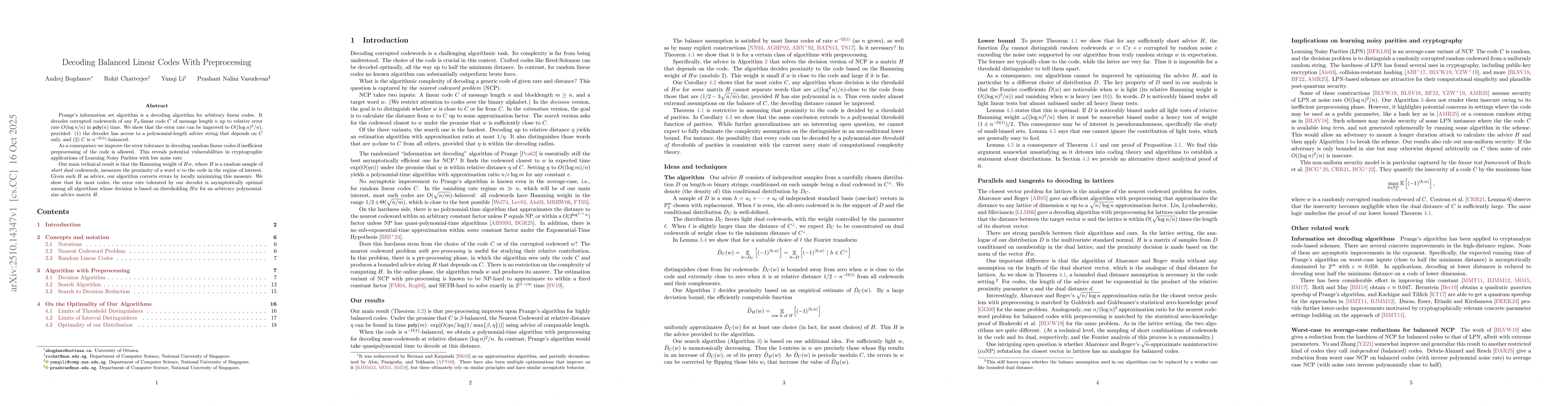 Thumbnail for Decoding Balanced Linear Codes With Preprocessing