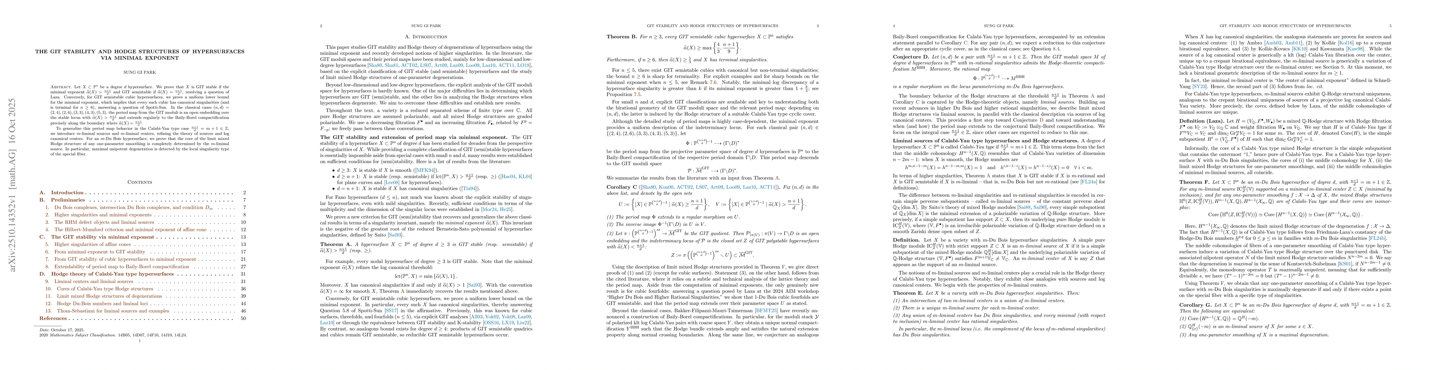 Thumbnail for The GIT stability and Hodge structures of hypersurfaces via minimal
  exponent