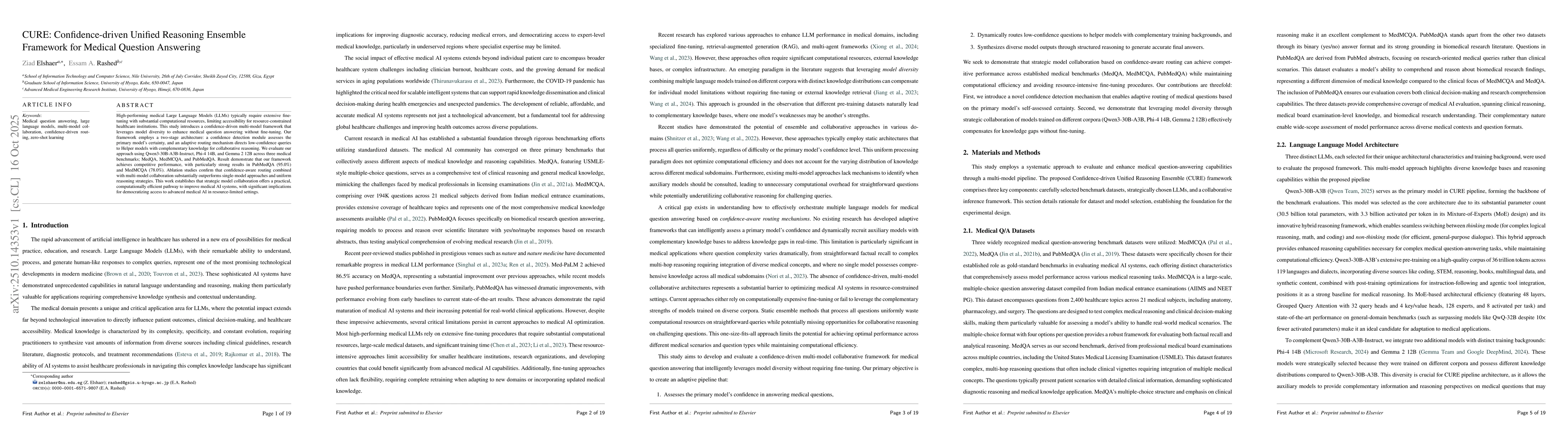 Thumbnail for CURE: Confidence-driven Unified Reasoning Ensemble Framework for Medical
  Question Answering