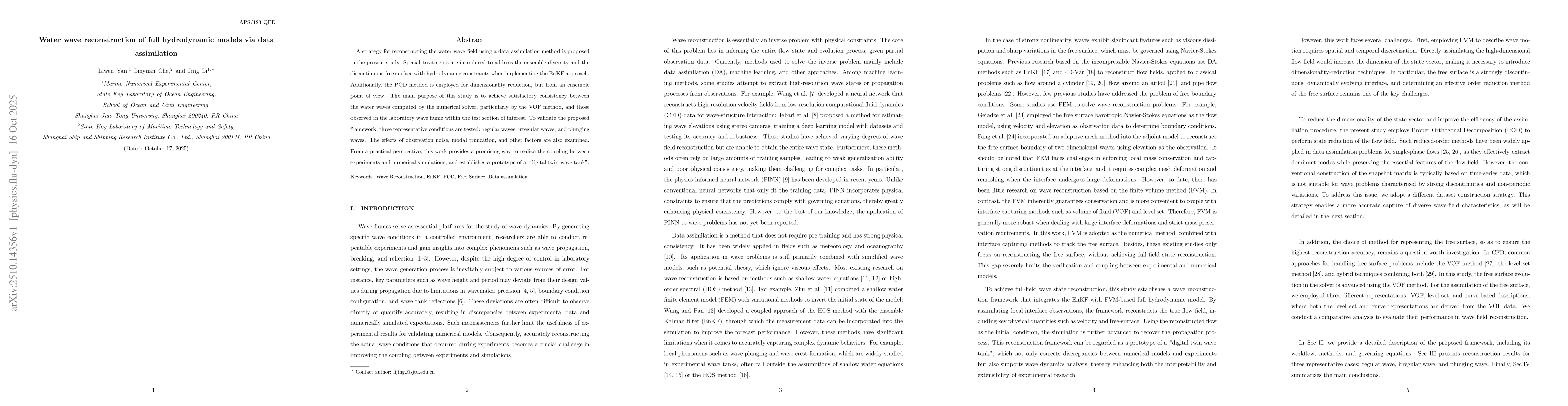 Thumbnail for Water wave reconstruction of full hydrodynamic models via data
  assimilation