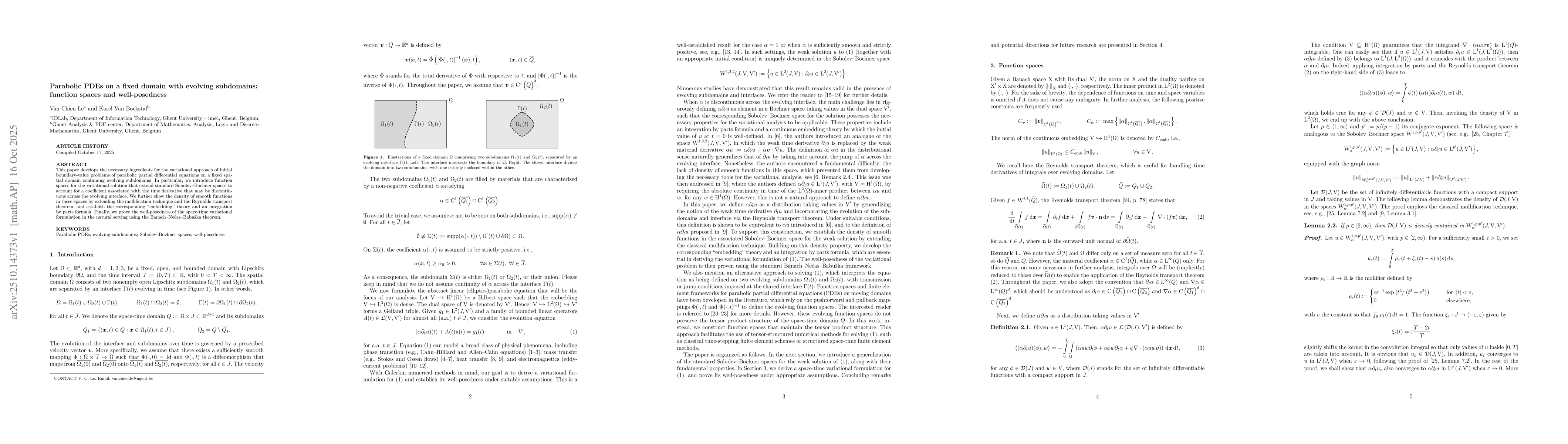 Thumbnail for Parabolic PDEs on a fixed domain with evolving subdomains: function
  spaces and well-posedness