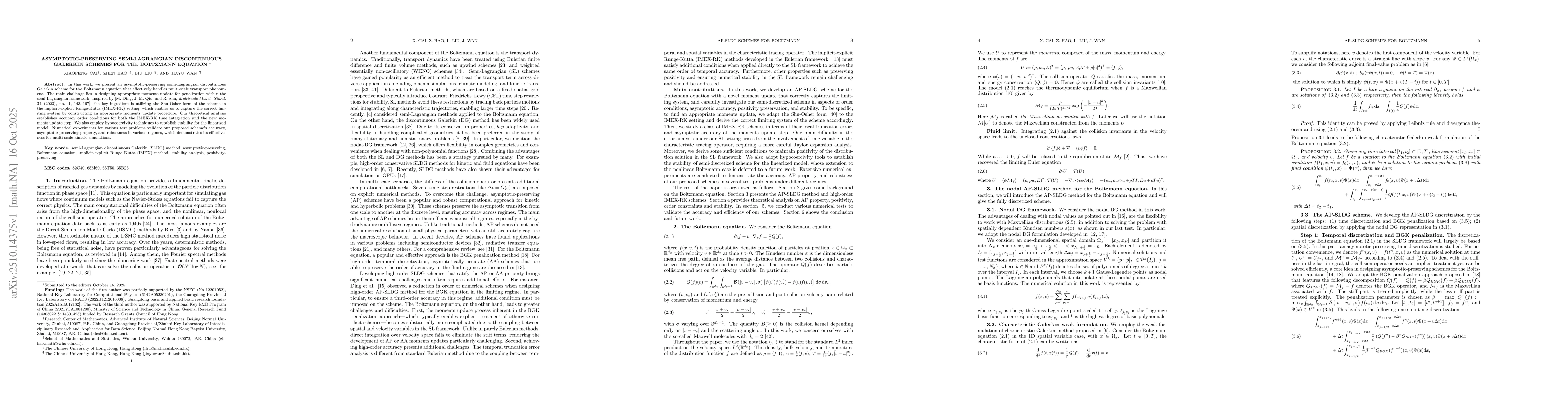 Thumbnail for Asymptotic-preserving semi-Lagrangian discontinuous Galerkin schemes for
  the Boltzmann equation