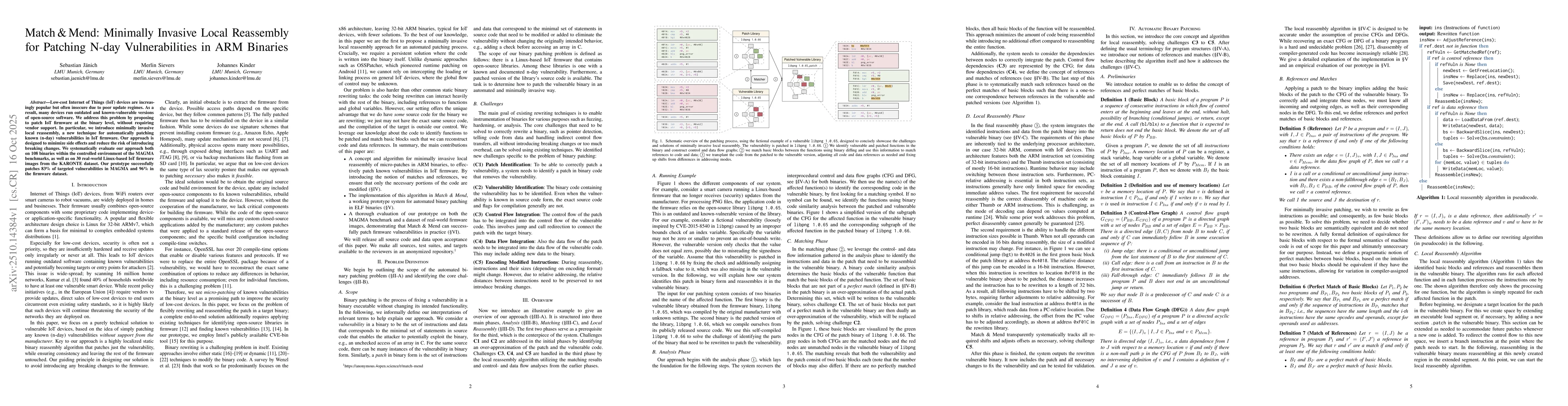 Thumbnail for Match & Mend: Minimally Invasive Local Reassembly for Patching N-day
  Vulnerabilities in ARM Binaries