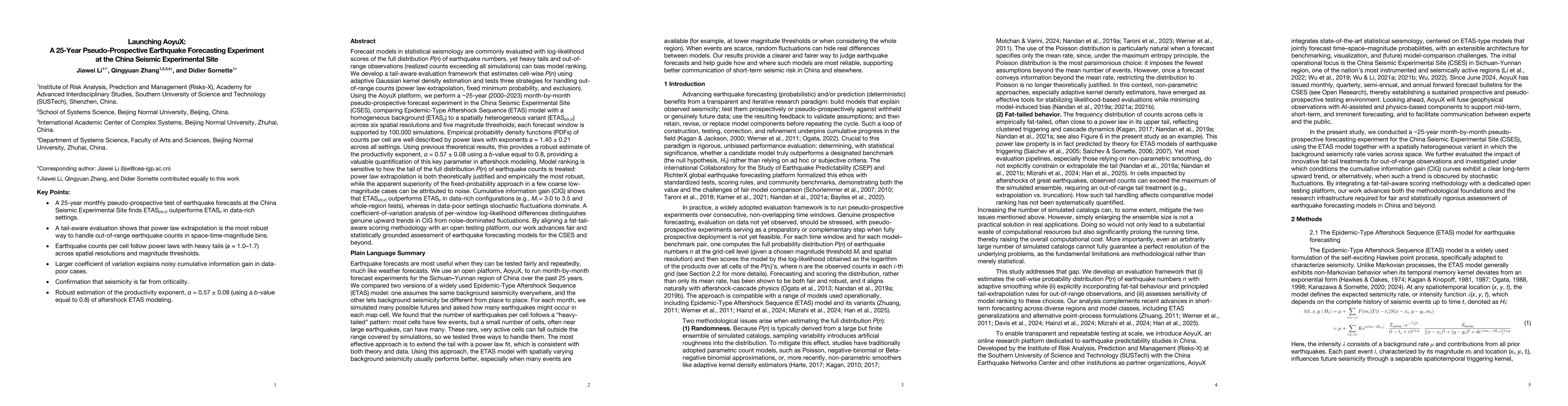 Thumbnail for Launching AoyuX: A 25-Year Pseudo-Prospective Earthquake Forecasting
  Experiment at the China Seismic Experimental Site
