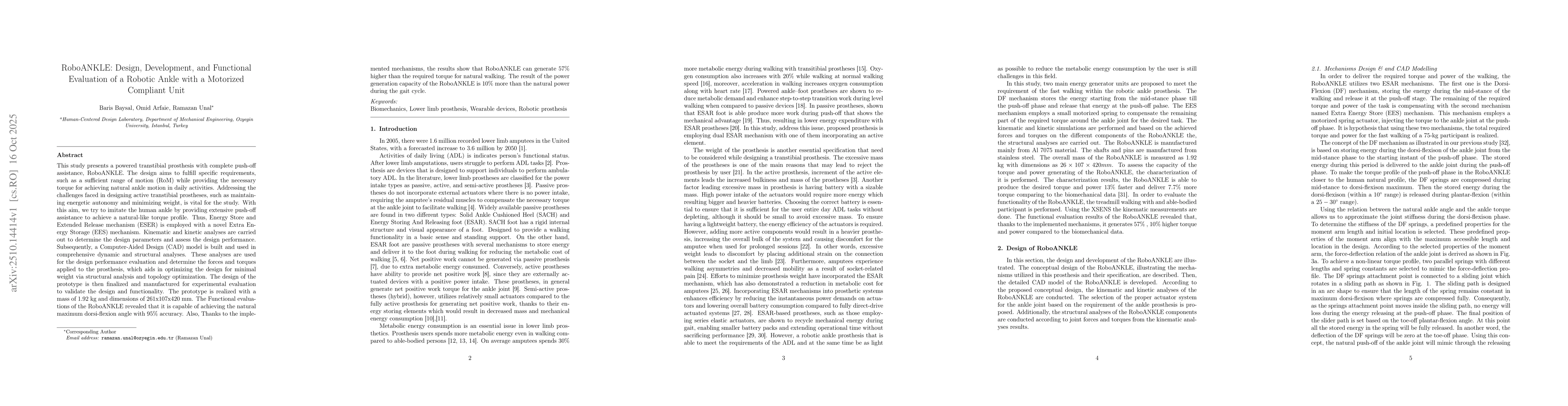 Thumbnail for RoboANKLE: Design, Development, and Functional Evaluation of a Robotic
  Ankle with a Motorized Compliant Unit