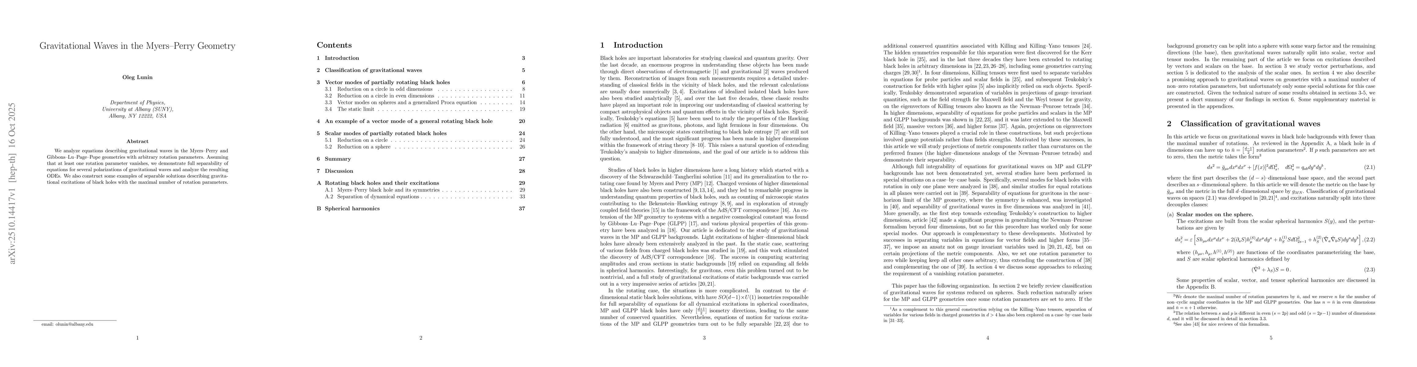 Thumbnail for Gravitational Waves in the Myers--Perry Geometry