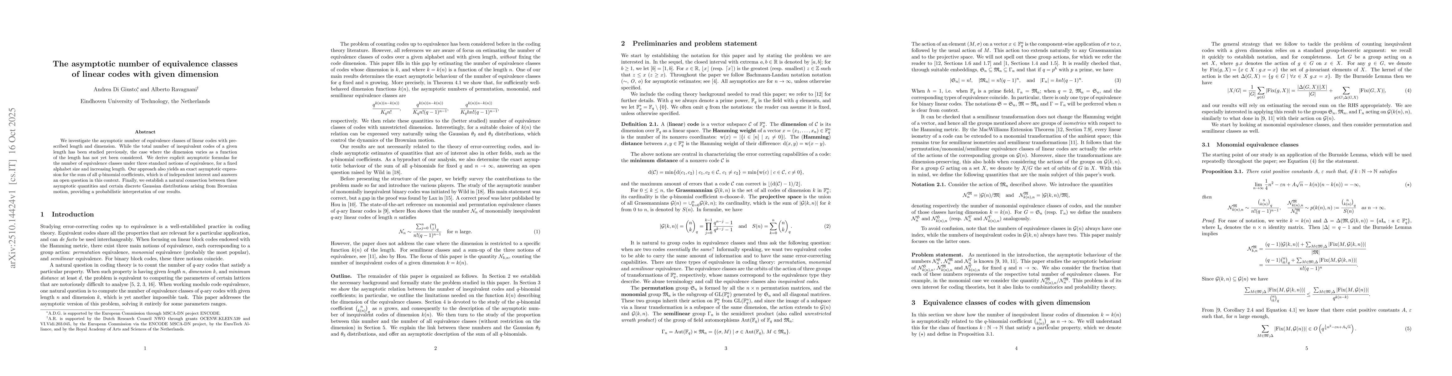 Thumbnail for The asymptotic number of equivalence classes of linear codes with given
  dimension