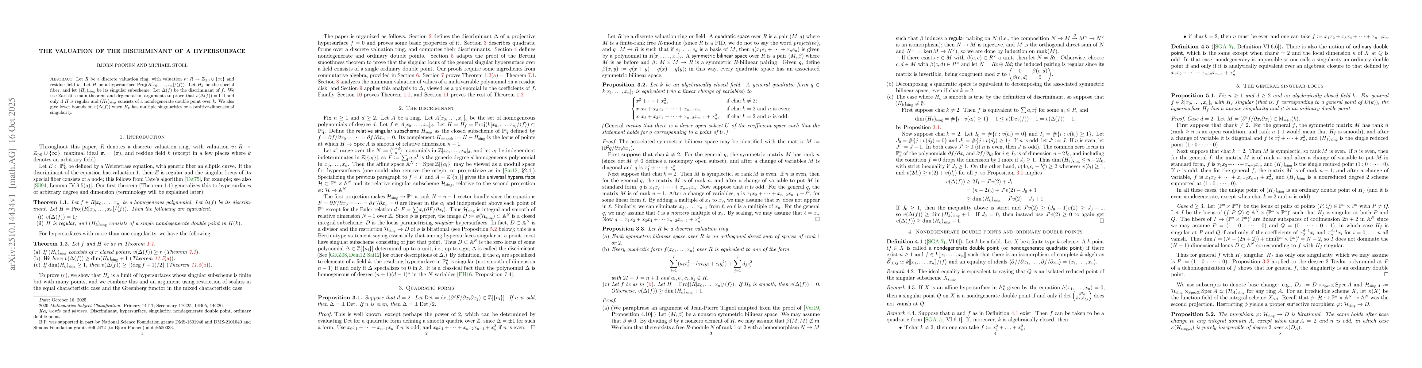 Thumbnail for The valuation of the discriminant of a hypersurface
