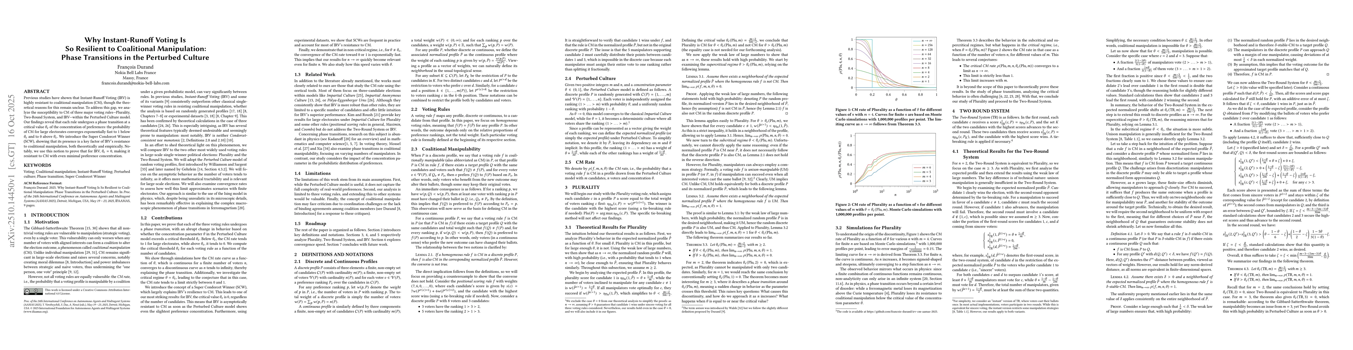 Thumbnail for Why Instant-Runoff Voting Is So Resilient to Coalitional Manipulation:
  Phase Transitions in the Perturbed Culture