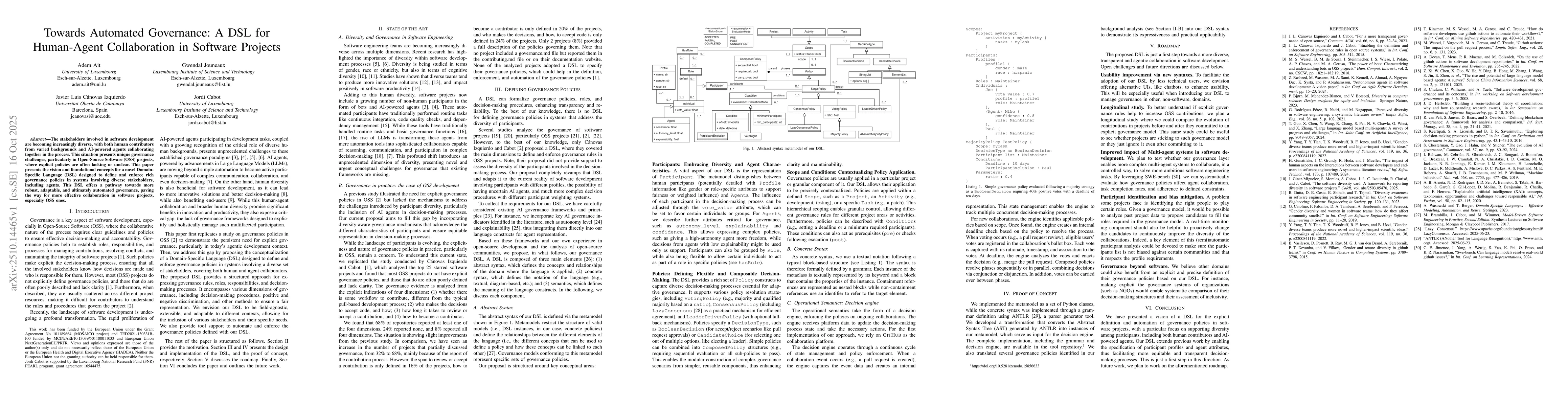 Thumbnail for Towards Automated Governance: A DSL for Human-Agent Collaboration in
  Software Projects