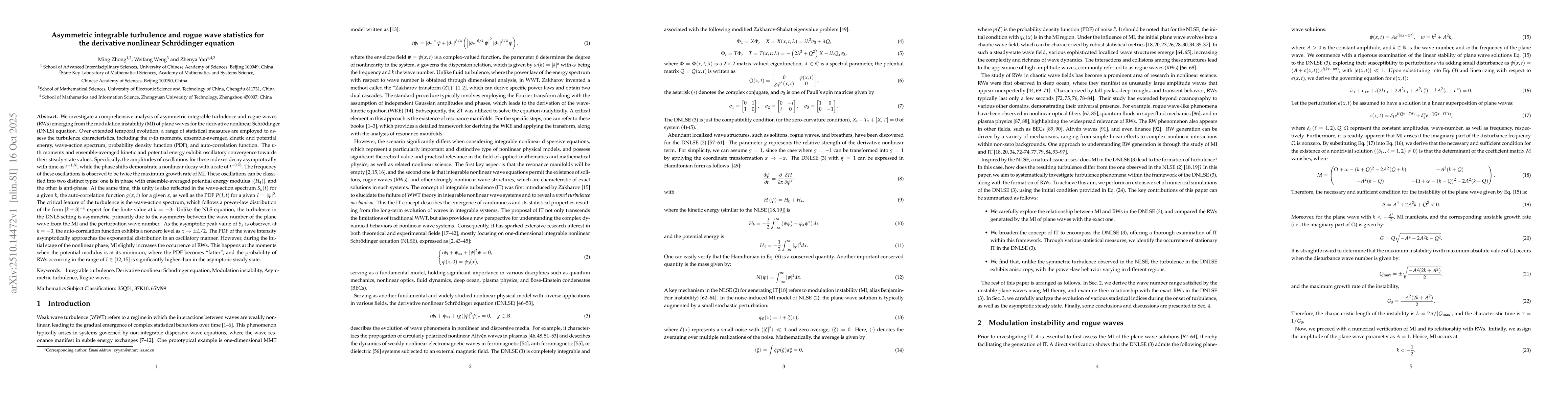Thumbnail for Asymmetric integrable turbulence and rogue wave statistics for the
  derivative nonlinear Schrödinger equation