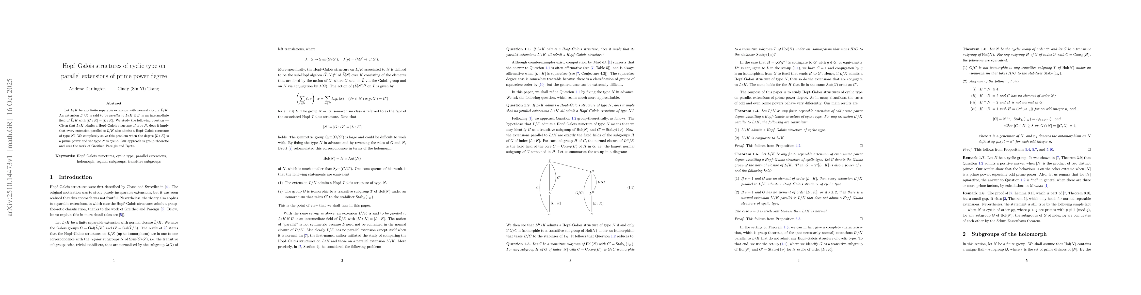 Thumbnail for Hopf--Galois structures of cyclic type on parallel extensions of prime
  power degree