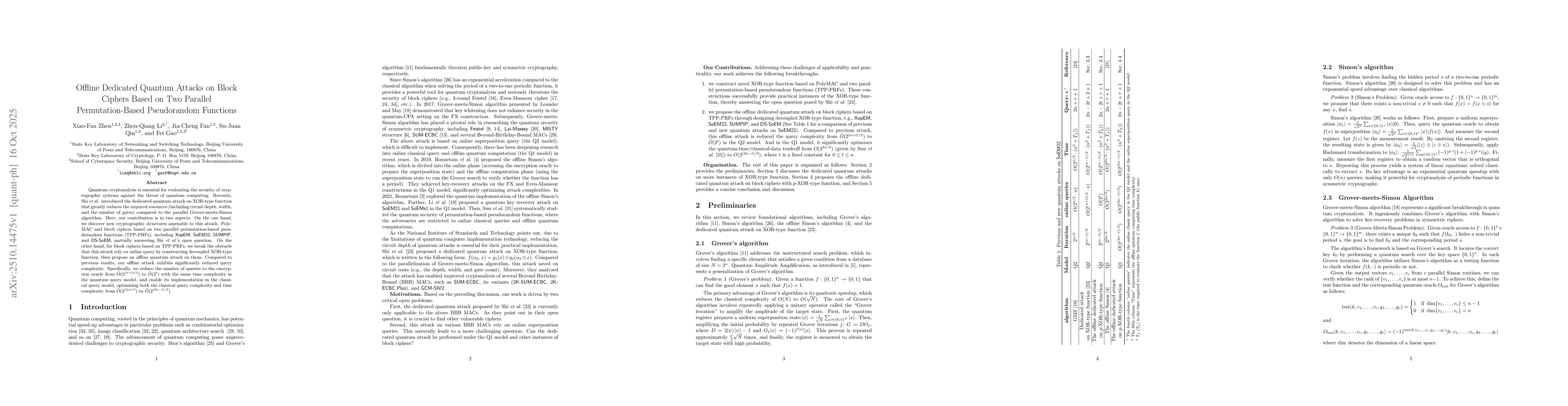 Thumbnail for Offline Dedicated Quantum Attacks on Block Ciphers Based on Two Parallel
  Permutation-Based Pseudorandom Functions