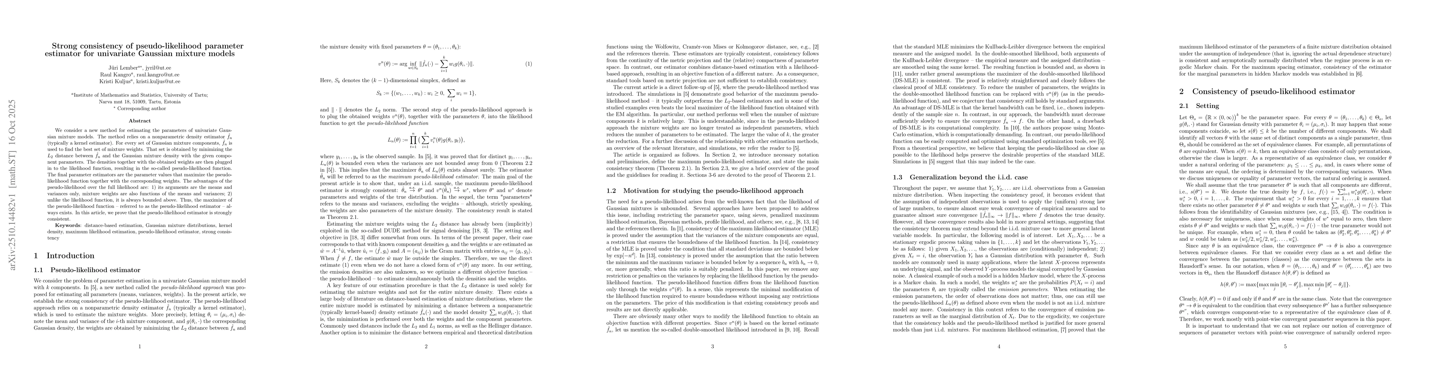 Thumbnail for Strong consistency of pseudo-likelihood parameter estimator for
  univariate Gaussian mixture models