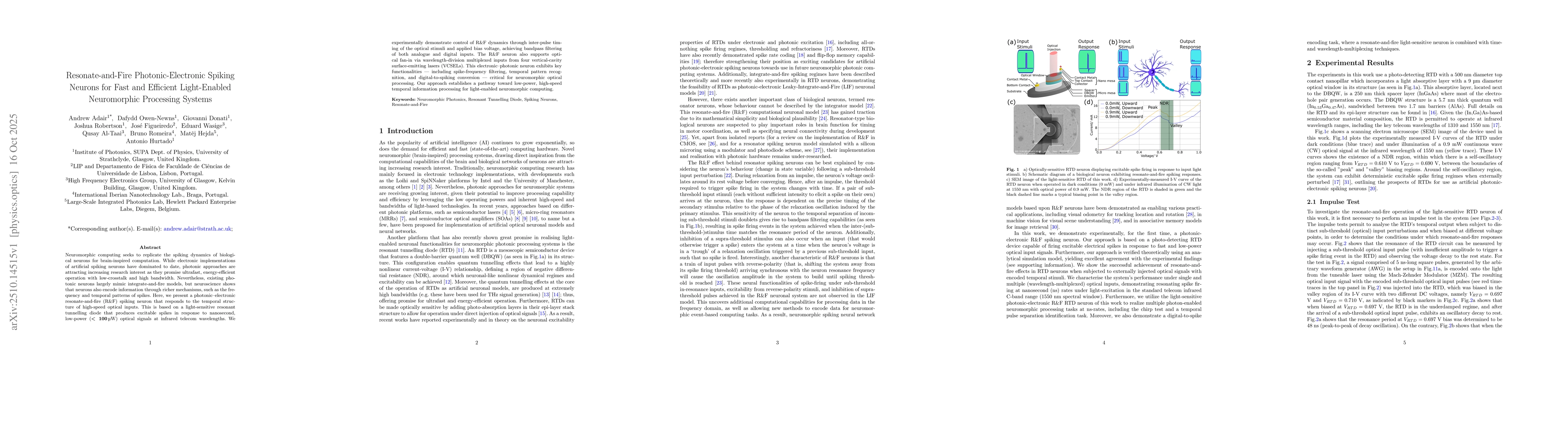 Thumbnail for Resonate-and-Fire Photonic-Electronic Spiking Neurons for Fast and
  Efficient Light-Enabled Neuromorphic Processing Systems