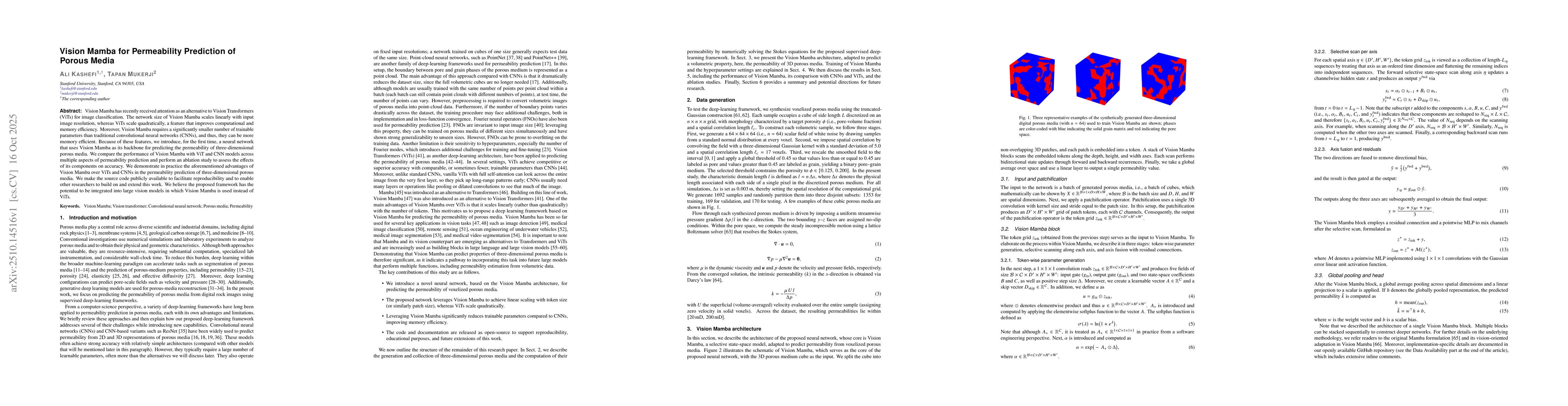 Thumbnail for Vision Mamba for Permeability Prediction of Porous Media