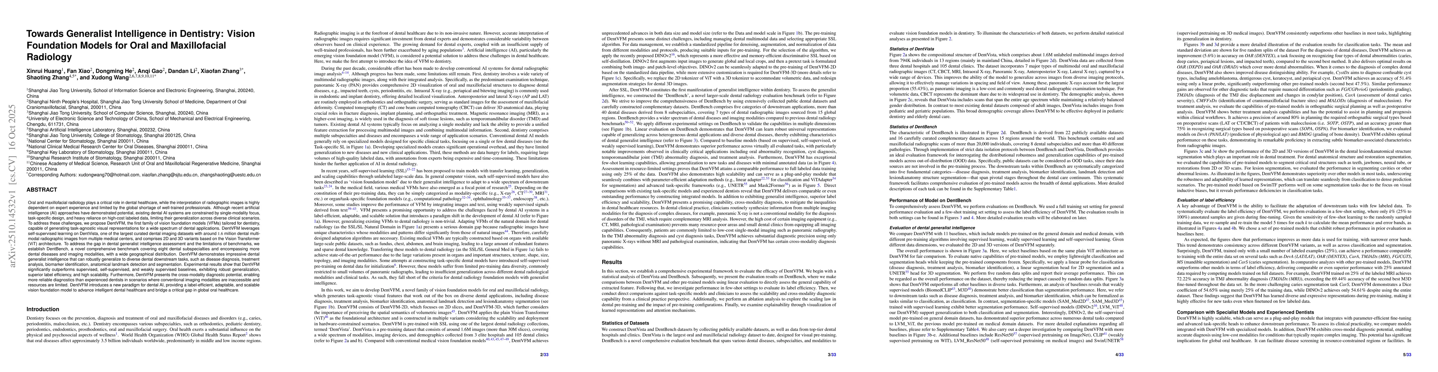 Thumbnail for Towards Generalist Intelligence in Dentistry: Vision Foundation Models
  for Oral and Maxillofacial Radiology