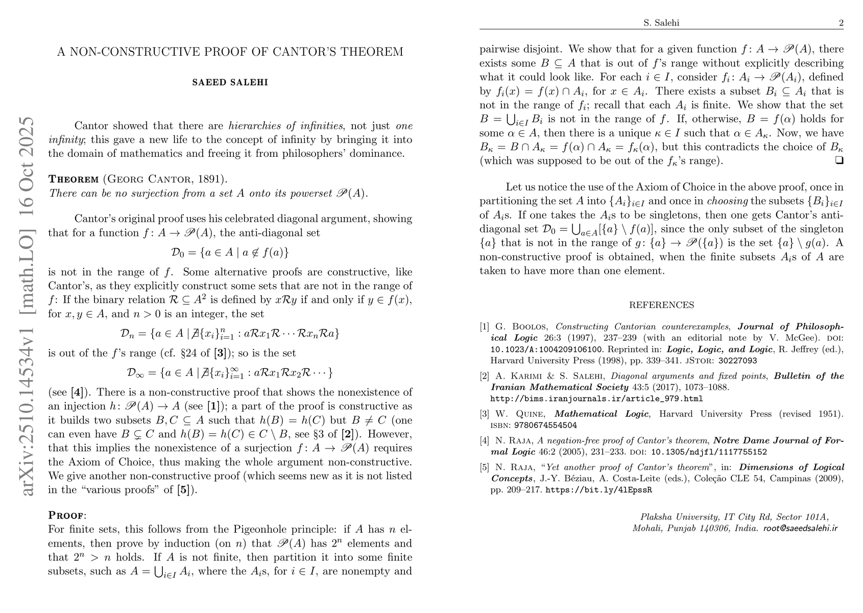 Thumbnail for A Non-Constructive Proof of Cantor's Theorem