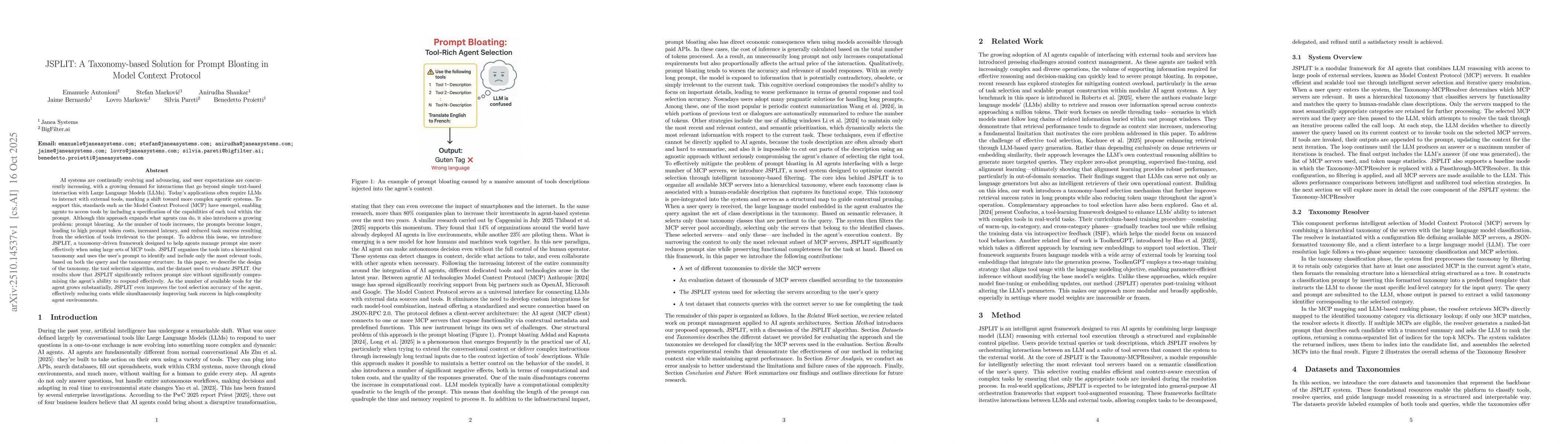 Thumbnail for JSPLIT: A Taxonomy-based Solution for Prompt Bloating in Model Context
  Protocol