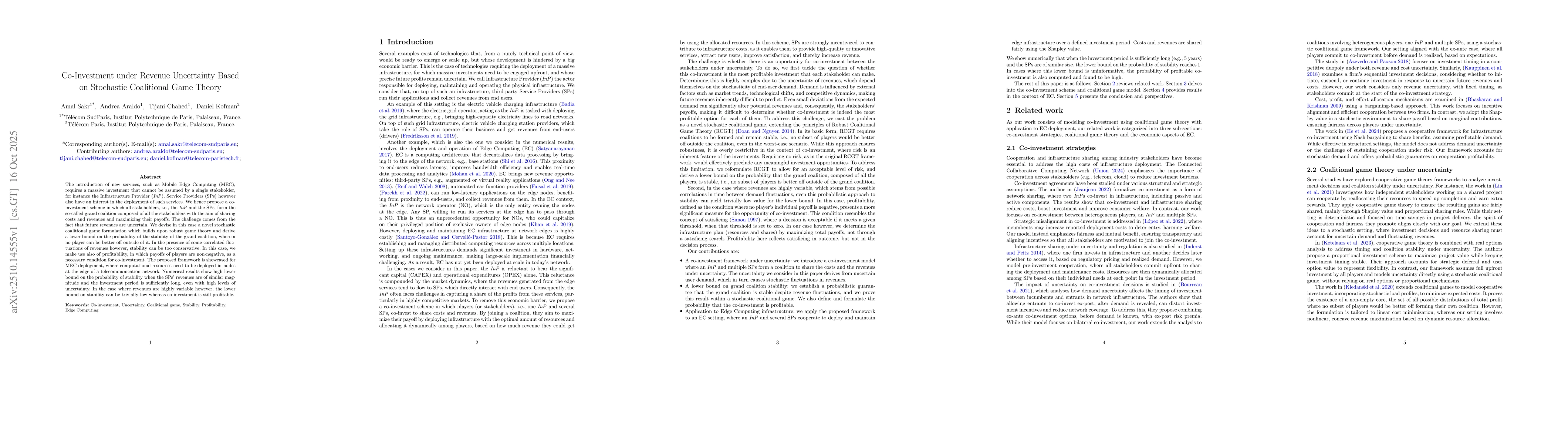 Thumbnail for Co-Investment under Revenue Uncertainty Based on Stochastic Coalitional
  Game Theory