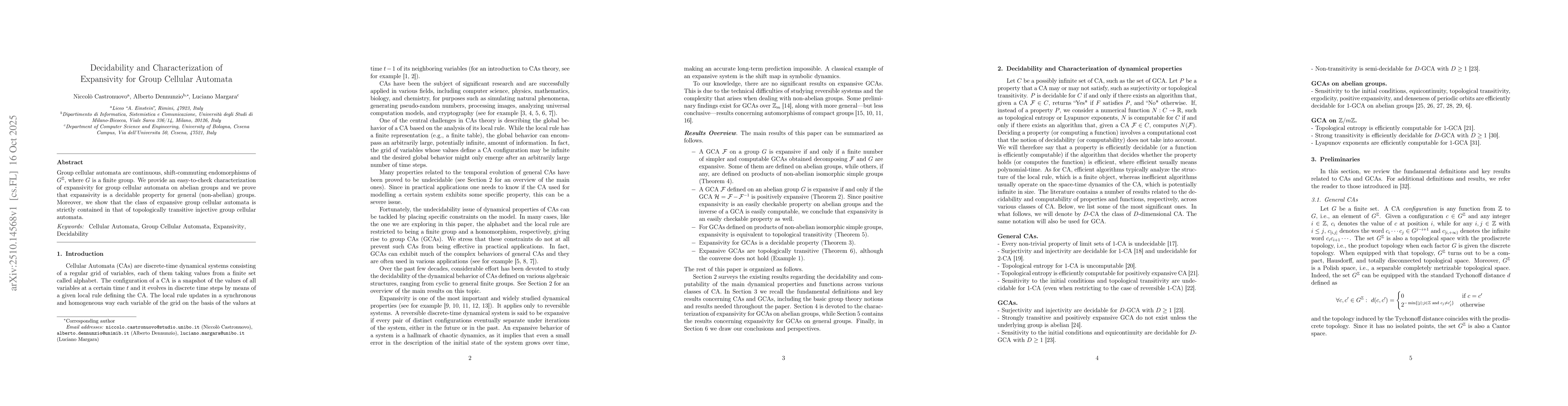 Thumbnail for Decidability and Characterization of Expansivity for Group Cellular
  Automata