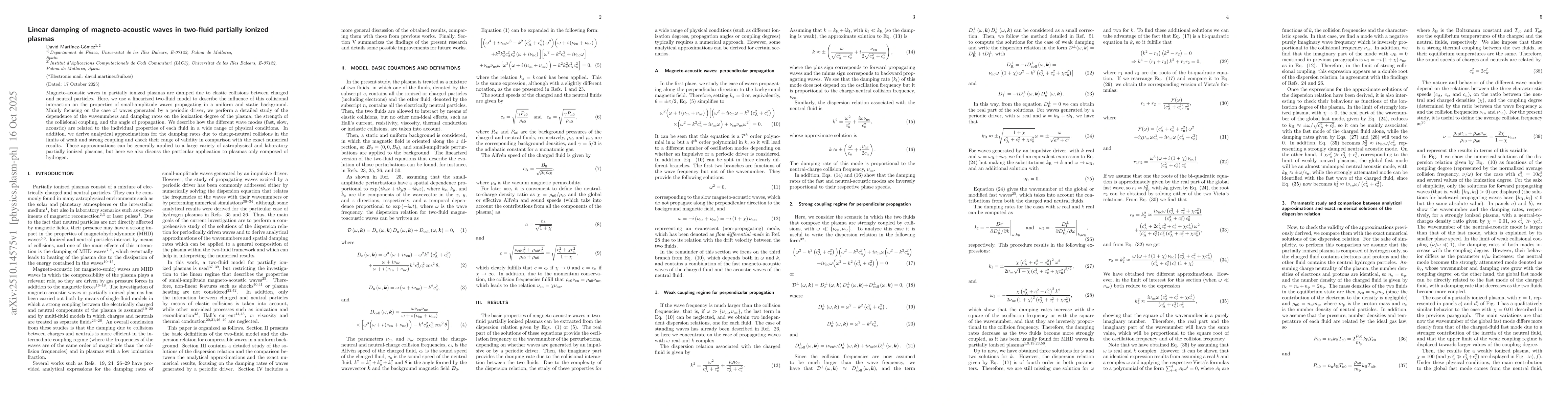 Thumbnail for Linear damping of magneto-acoustic waves in two-fluid partially ionized
  plasmas