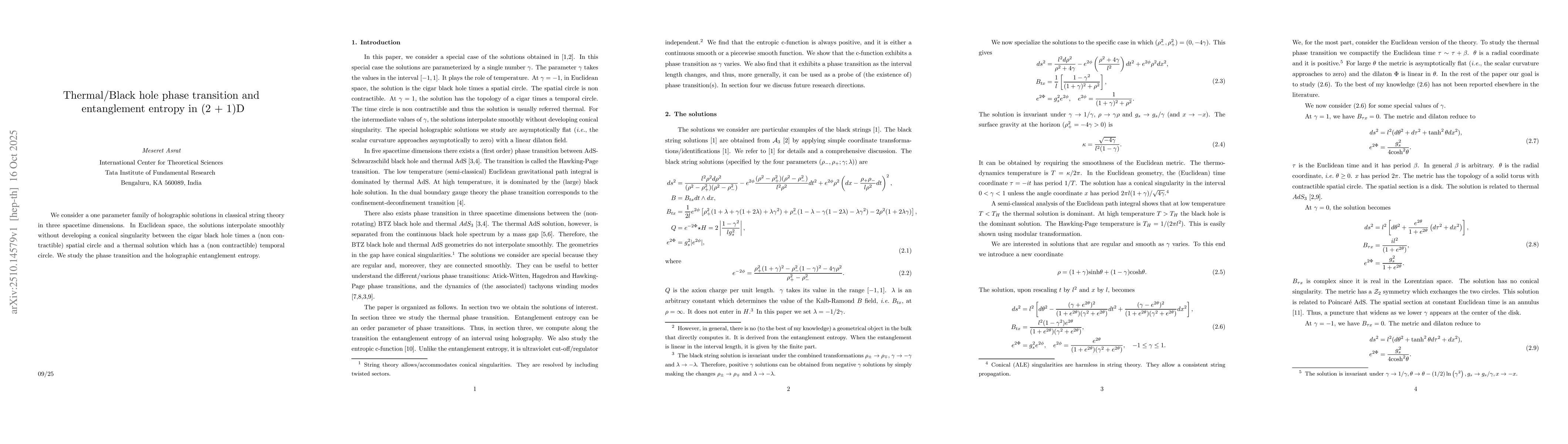 Thumbnail for Thermal/Black hole phase transition and entanglement entropy in (2 + 1)D
