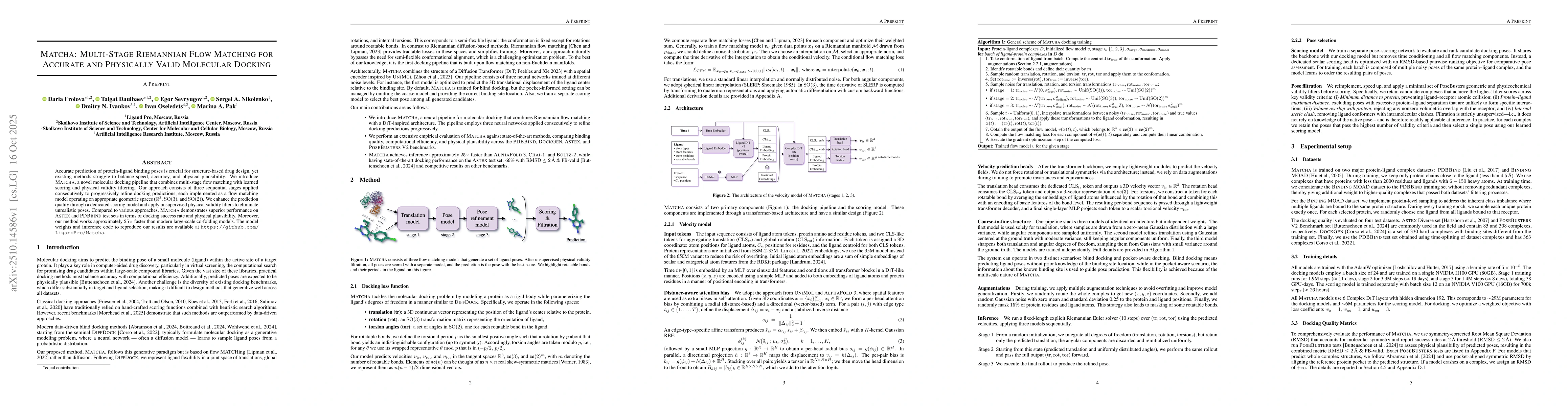 Thumbnail for Matcha: Multi-Stage Riemannian Flow Matching for Accurate and Physically
  Valid Molecular Docking