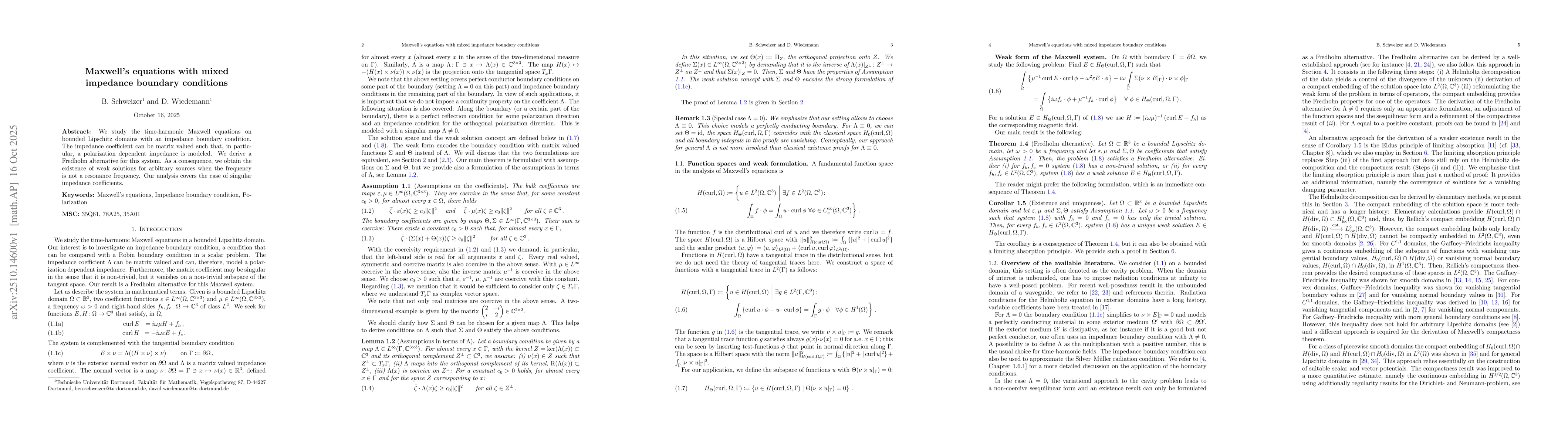 Thumbnail for Maxwell's equations with mixed impedance boundary conditions