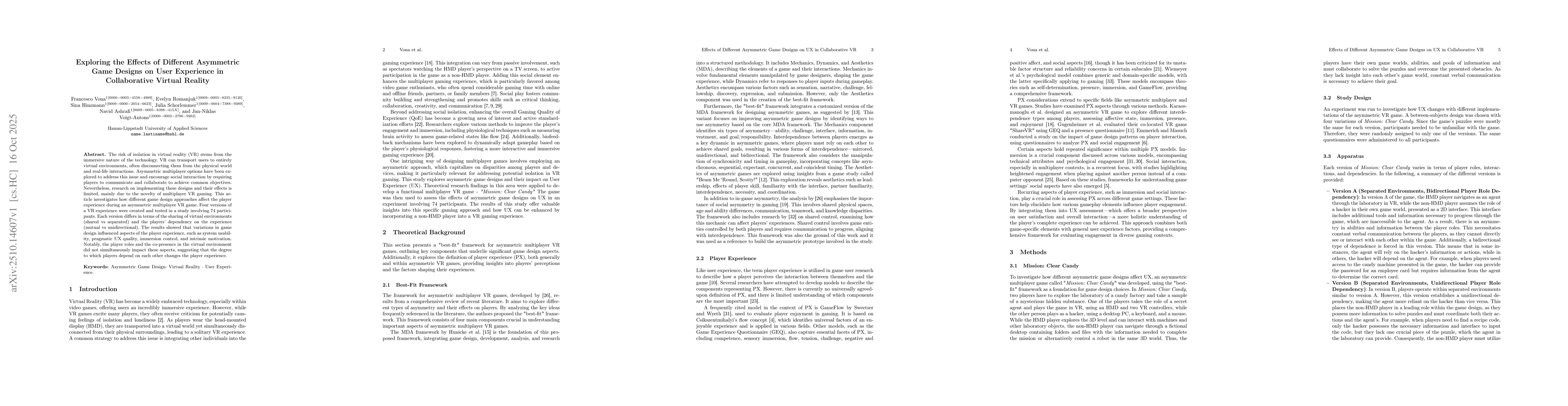 Thumbnail for Exploring the Effects of Different Asymmetric Game Designs on User
  Experience in Collaborative Virtual Reality