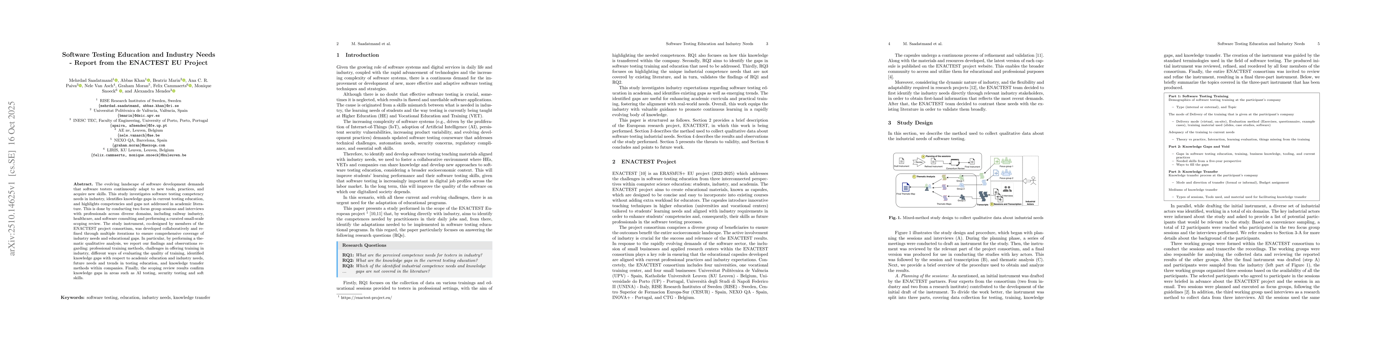 Thumbnail for Software Testing Education and Industry Needs - Report from the ENACTEST
  EU Project