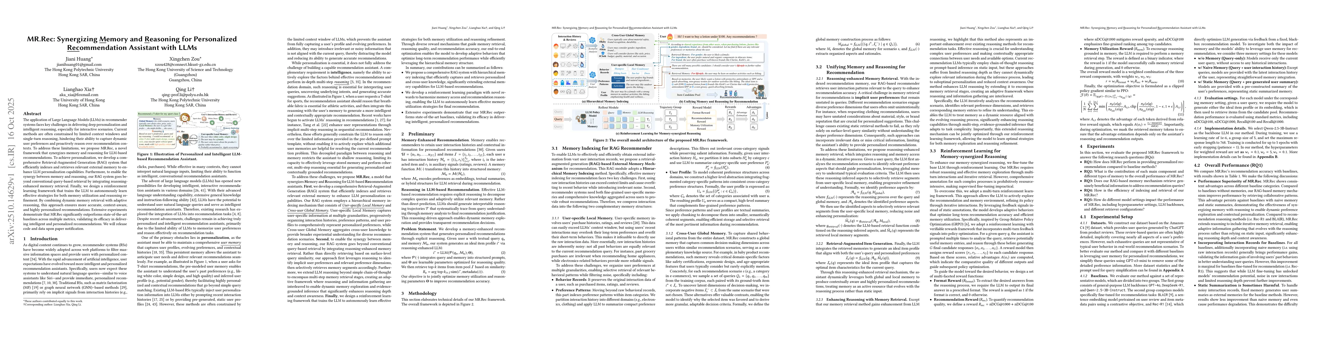 Thumbnail for MR.Rec: Synergizing Memory and Reasoning for Personalized Recommendation
  Assistant with LLMs