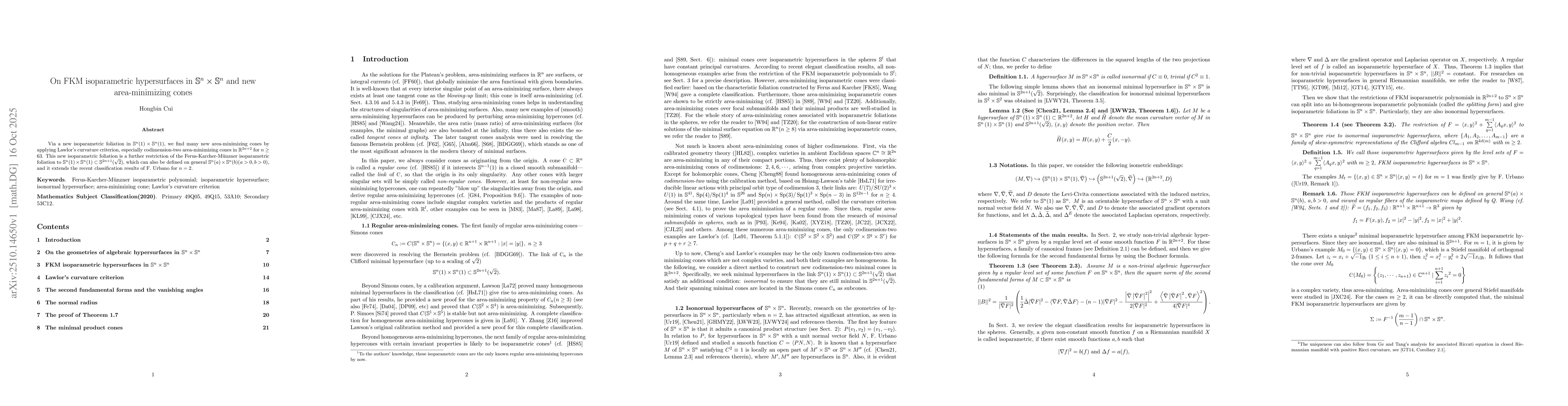 Thumbnail for On FKM isoparametric hypersurfaces in $\mathbb{S}^n \times \mathbb{S}^n$
  and new area-minimizing cones