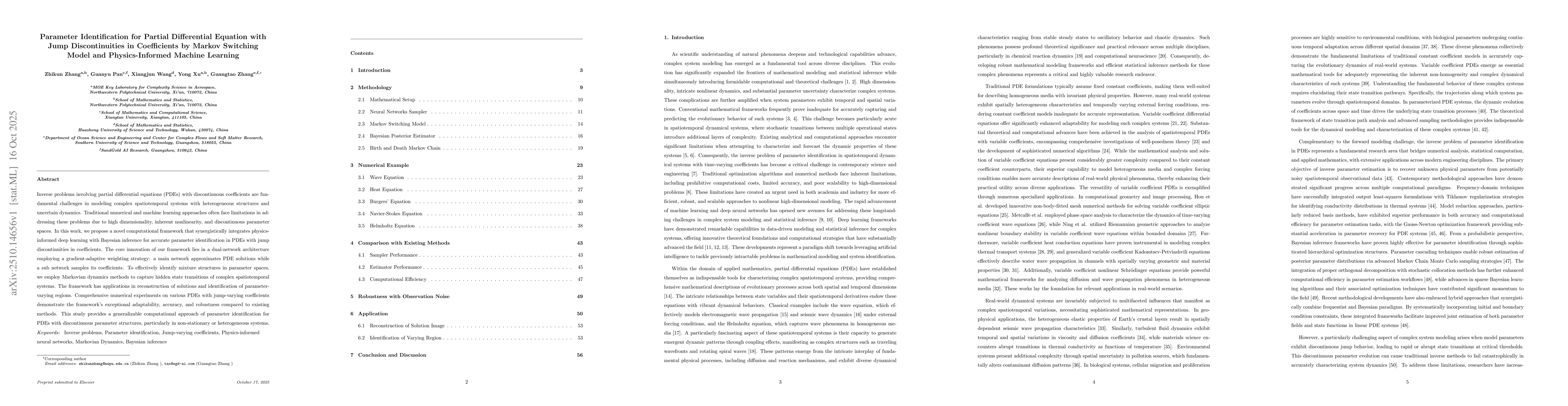 Thumbnail for Parameter Identification for Partial Differential Equation with Jump
  Discontinuities in Coefficients by Markov Switching Model and
  Physics-Informed Machine Learning