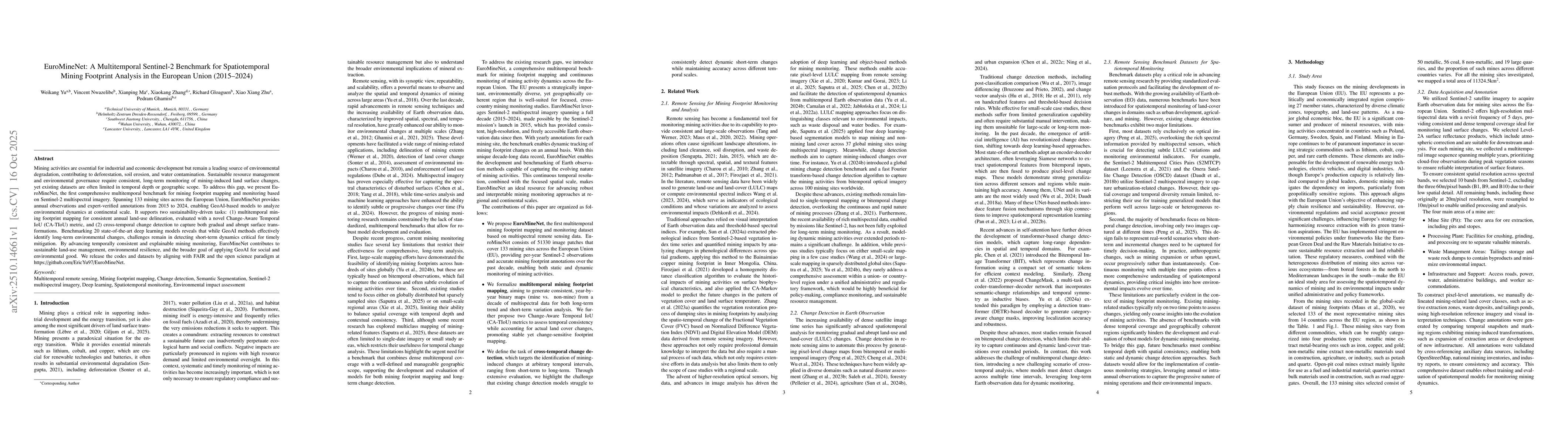 Thumbnail for EuroMineNet: A Multitemporal Sentinel-2 Benchmark for Spatiotemporal
  Mining Footprint Analysis in the European Union (2015-2024)