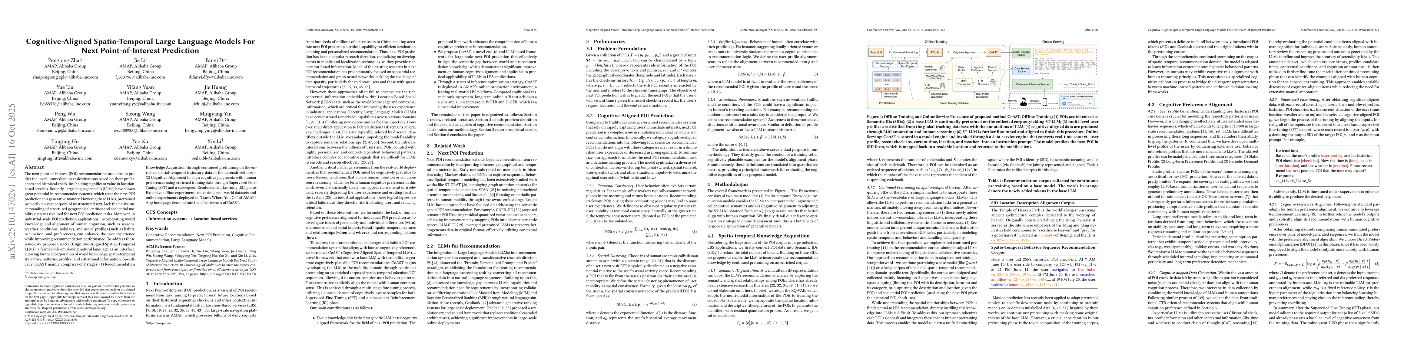 Thumbnail for Cognitive-Aligned Spatio-Temporal Large Language Models For Next
  Point-of-Interest Prediction