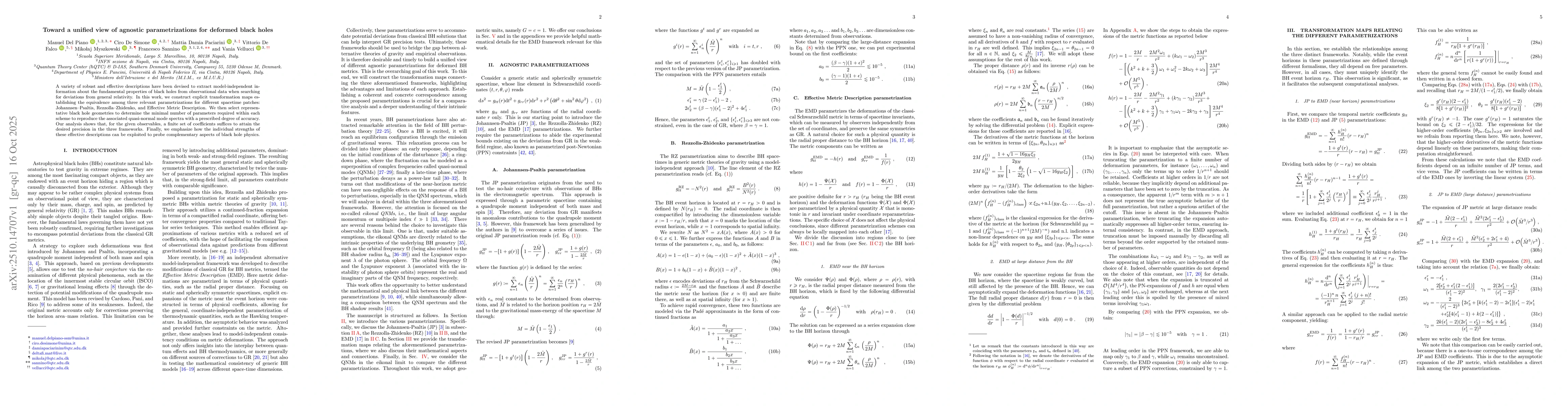Thumbnail for Toward a unified view of agnostic parametrizations for deformed black
  holes