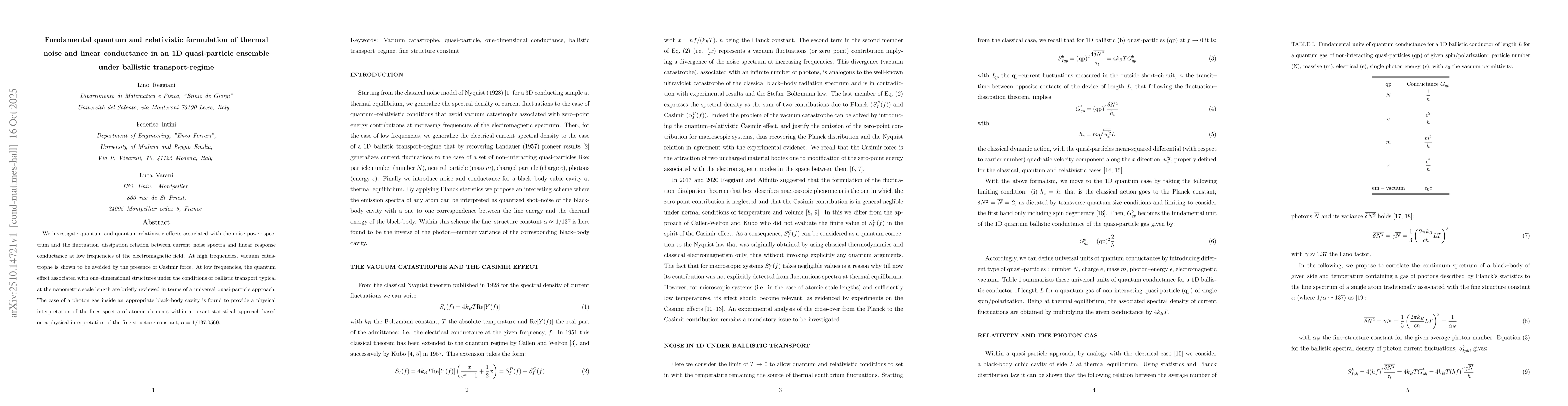 Thumbnail for Fundamental quantum and relativistic formulation of thermal noise and
  linear conductance in an 1D quasi-particle ensemble under ballistic
  transport-regime
