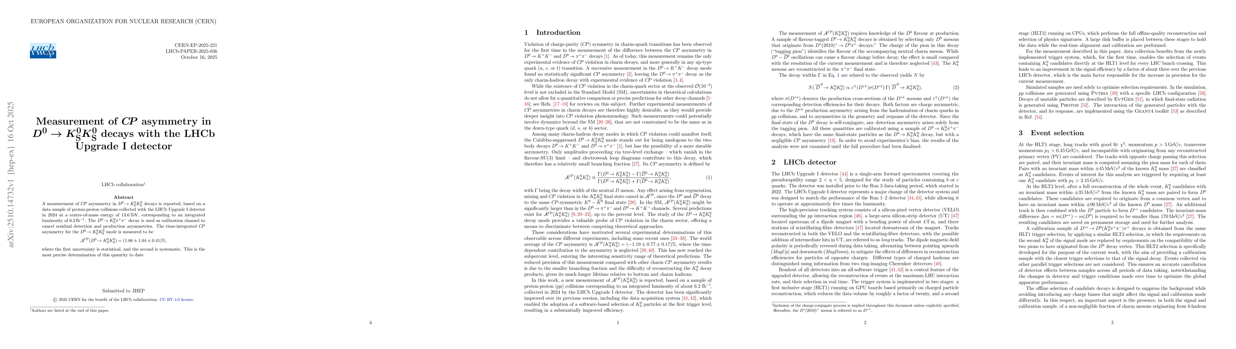 Thumbnail for Measurement of $C\!P$ asymmetry in $D^0 \to K^0_{\rm S} K^0_{\rm S}$
  decays with the LHCb Upgrade I detector