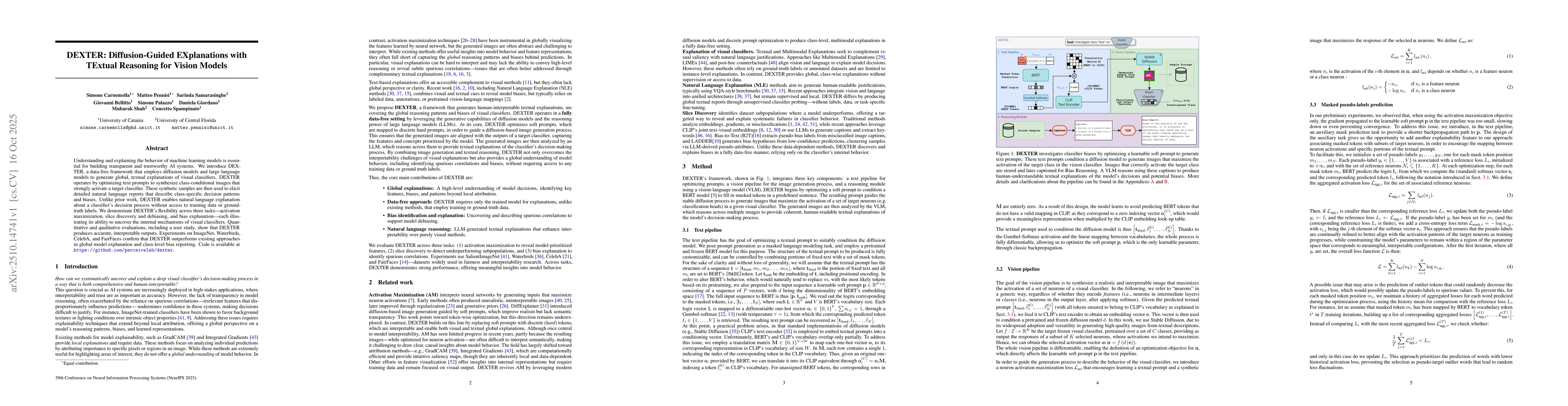 Thumbnail for DEXTER: Diffusion-Guided EXplanations with TExtual Reasoning for Vision
  Models