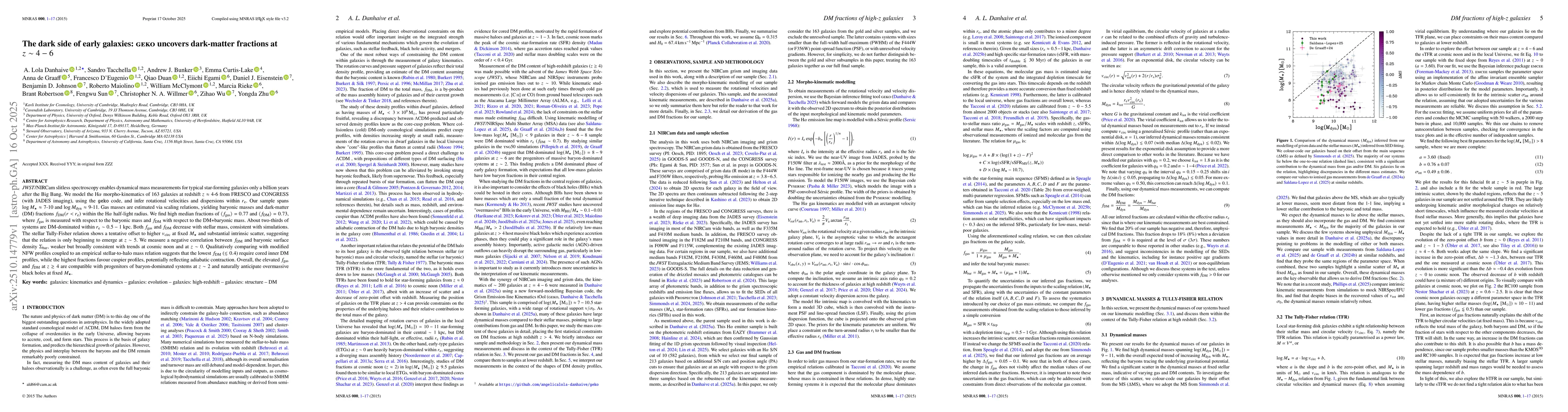 Thumbnail for The dark side of early galaxies: $\texttt{geko}$ uncovers dark-matter
  fractions at $z\sim4-6$