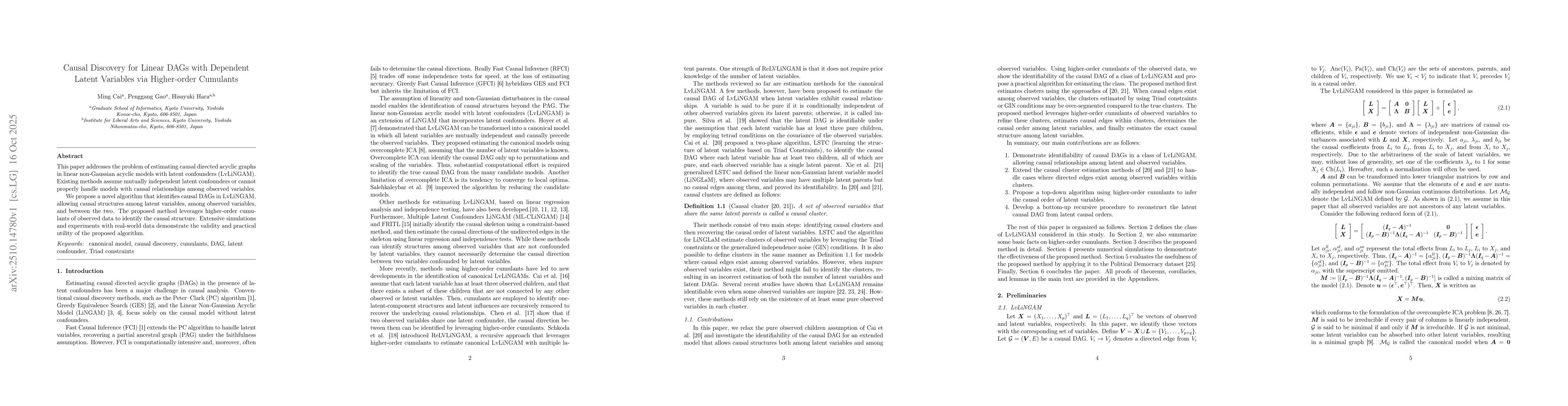 Thumbnail for Causal Discovery for Linear DAGs with Dependent Latent Variables via
  Higher-order Cumulants