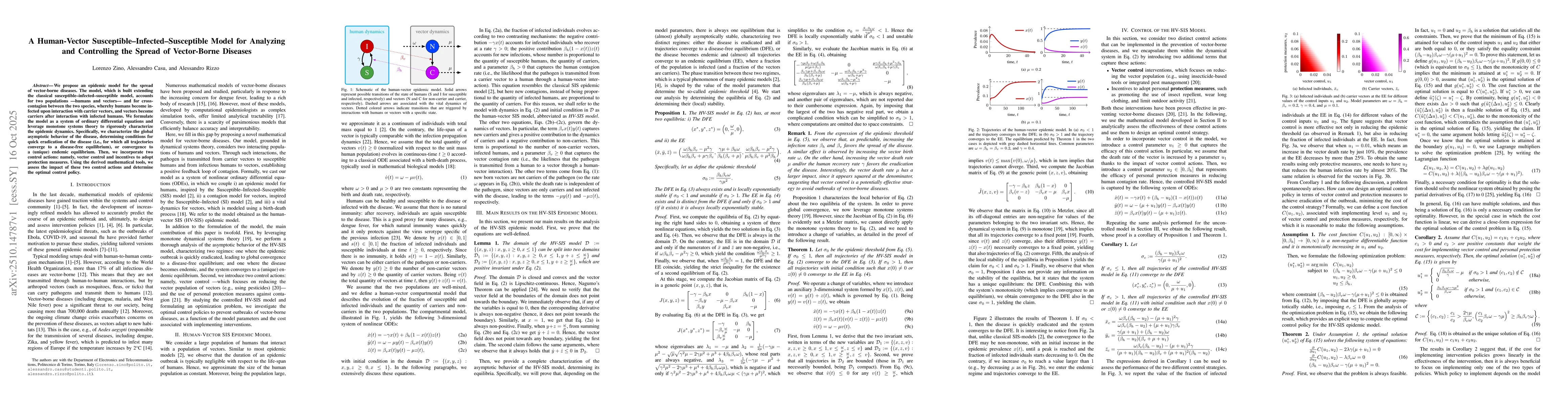 Thumbnail for A Human-Vector Susceptible--Infected--Susceptible Model for Analyzing
  and Controlling the Spread of Vector-Borne Diseases