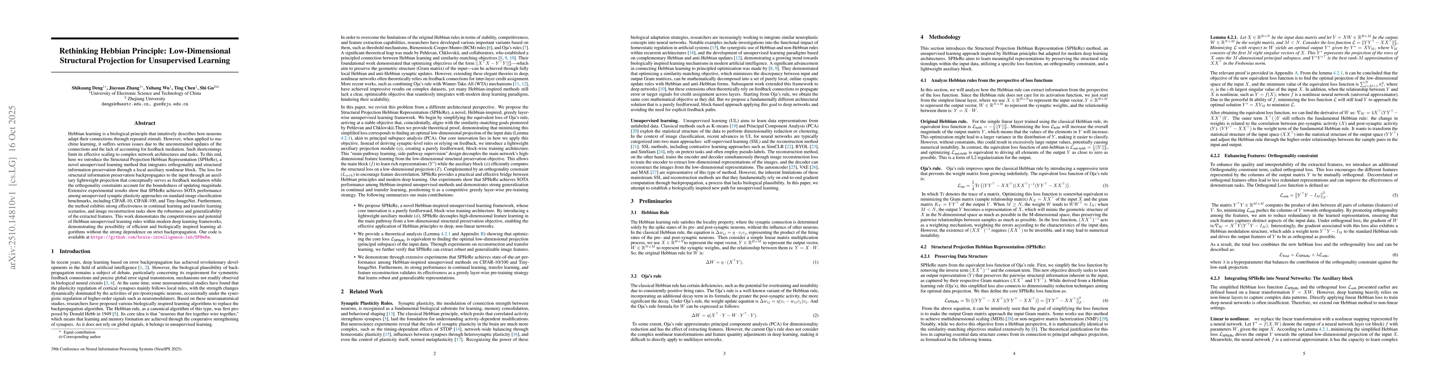 Thumbnail for Rethinking Hebbian Principle: Low-Dimensional Structural Projection for
  Unsupervised Learning