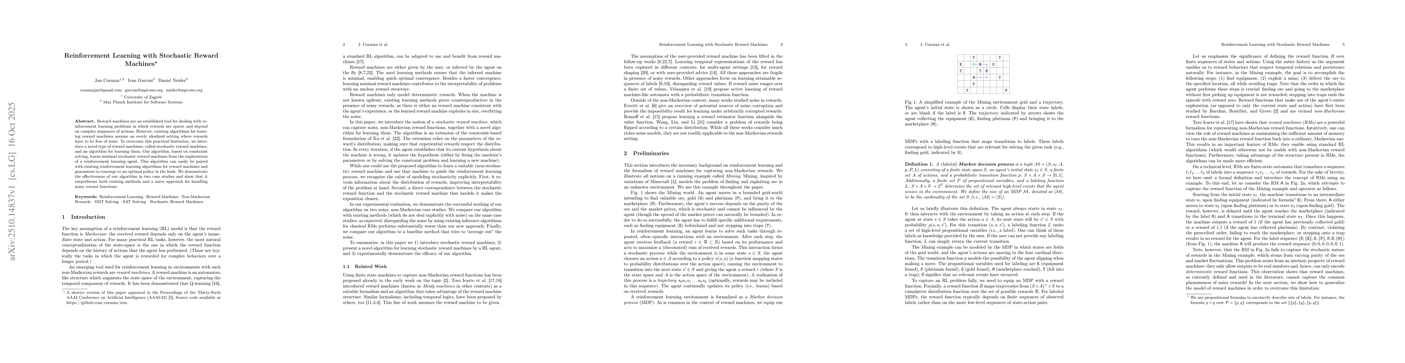 Thumbnail for Reinforcement Learning with Stochastic Reward Machines