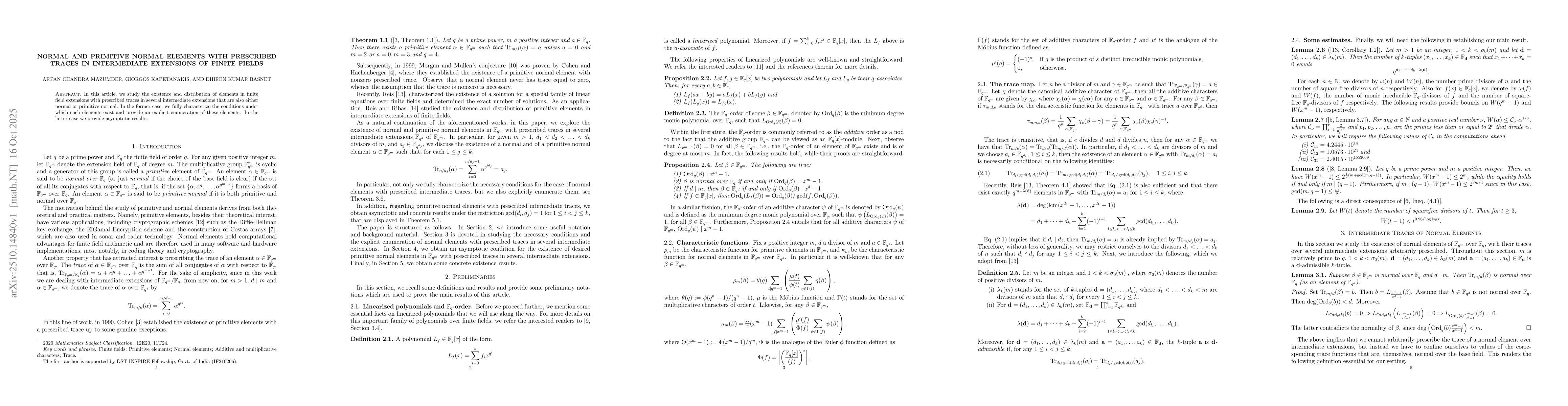 Thumbnail for Normal and primitive normal elements with prescribed traces in
  intermediate extensions of finite fields