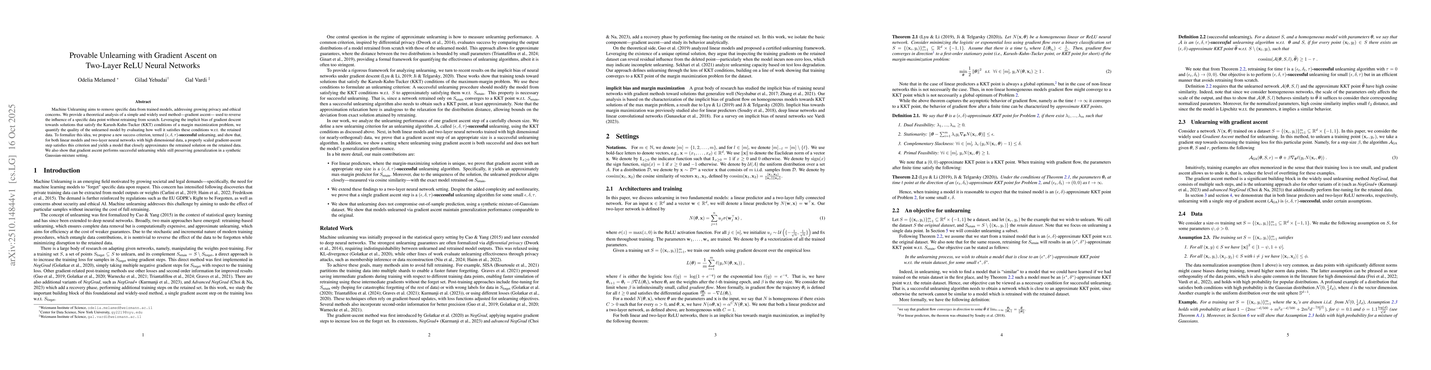 Thumbnail for Provable Unlearning with Gradient Ascent on Two-Layer ReLU Neural
  Networks